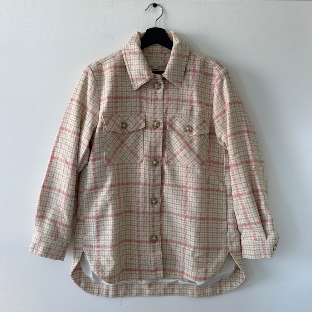 Loft Petites Pink Tan Plaid Wool Blend Shirt Jacket Shacket Womens SP